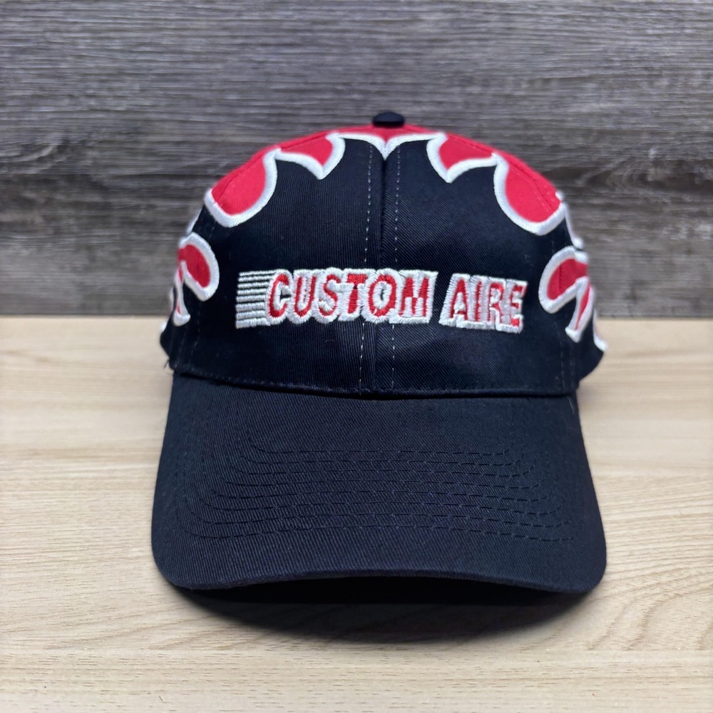 Custom Aire Hat Cap Strap Back Mens One Size Black Red Flame Embroidered Racing
